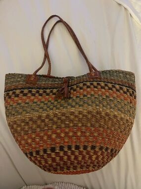 Woven Elephant Grass Tote Bag with Leather Handles - Brown Multi